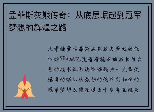 孟菲斯灰熊传奇:从底层崛起到冠军梦想的辉煌之路 孟菲斯灰熊传奇:从底层崛起到冠军梦想的辉煌之路