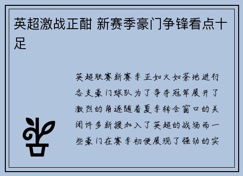 英超激战正酣 新赛季豪门争锋看点十足