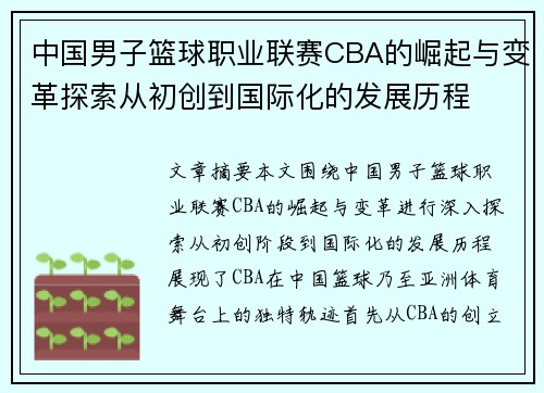 中国男子篮球职业联赛CBA的崛起与变革探索从初创到国际化的发展历程 中国男子篮球职业联赛CBA的崛起与变革探索从初创到国际化的发展历程