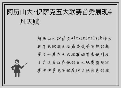 阿历山大·伊萨克五大联赛首秀展现非凡天赋 阿历山大·伊萨克五大联赛首秀展现非凡天赋